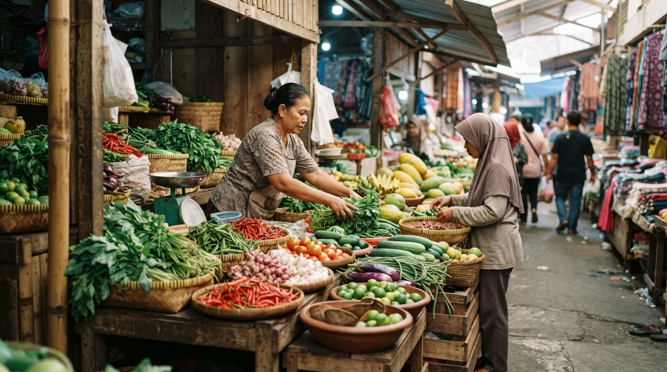 Stan pasar Indonesia yang menjual hasil bumi segar, termasuk sayuran hijau, cabai, dan buah-buahan tropis.