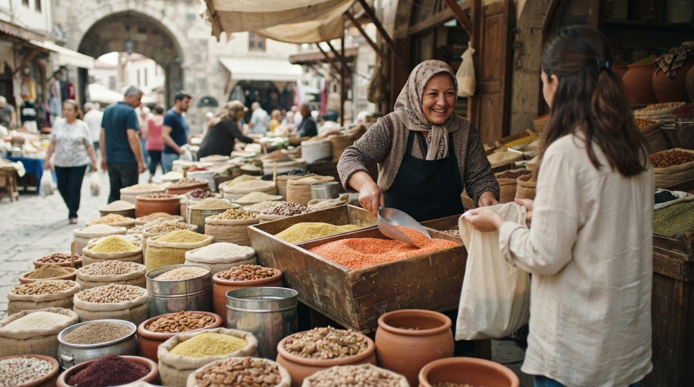 Türk yerel pazar tezgahında dökme kuru ürünler