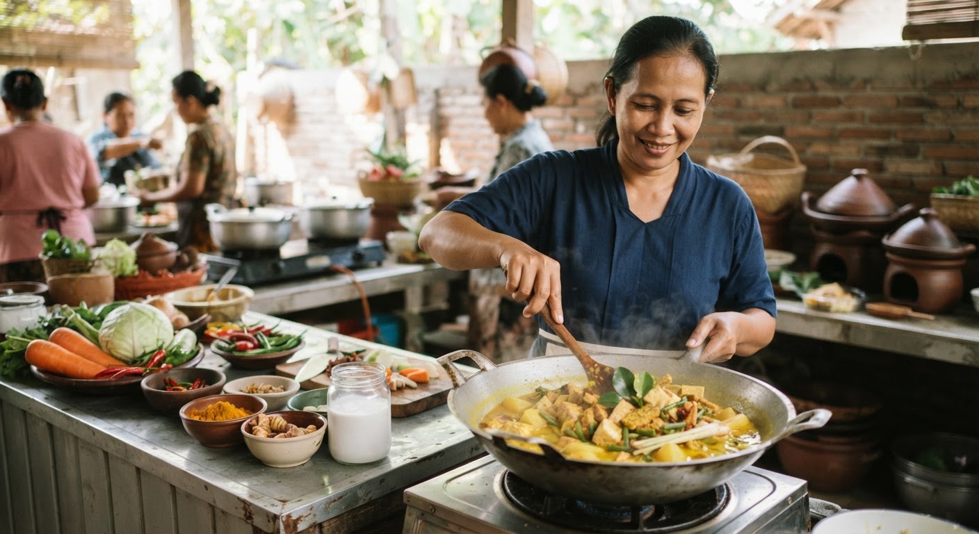 Seorang wanita sedang menyiapkan hidangan vegan Indonesia yang lezat, menunjukkan keragaman kuliner yang dapat dicapai.