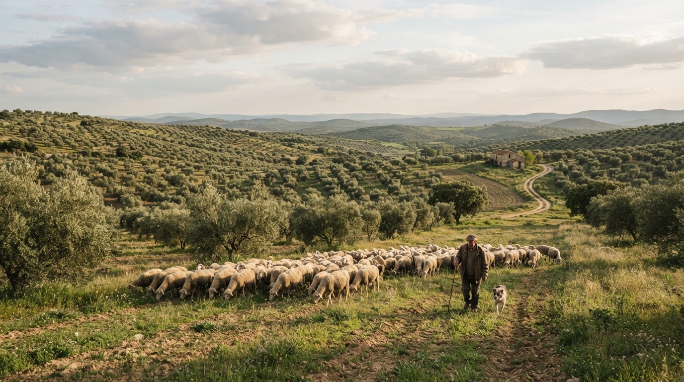 Paisaje rural español con olivares y ovejas pastando