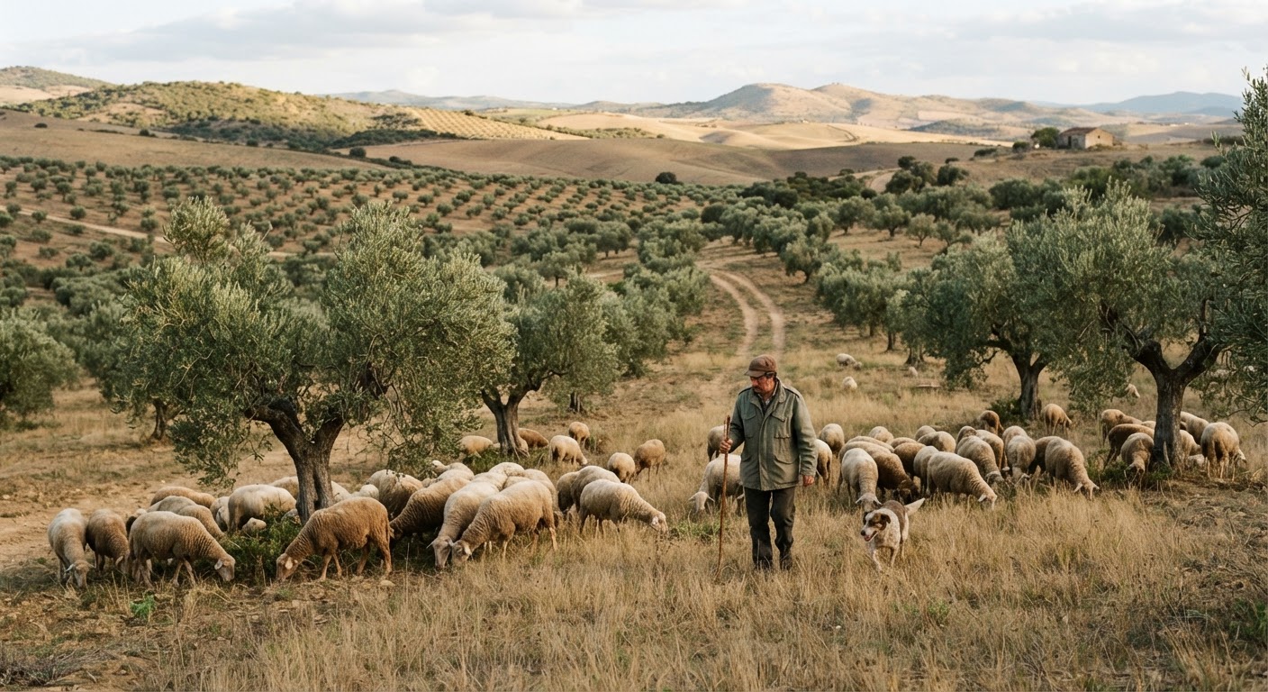 Sistemas agroforestales como este, combinando olivos y pastoreo, son un ejemplo de uso sostenible de la tierra en España.