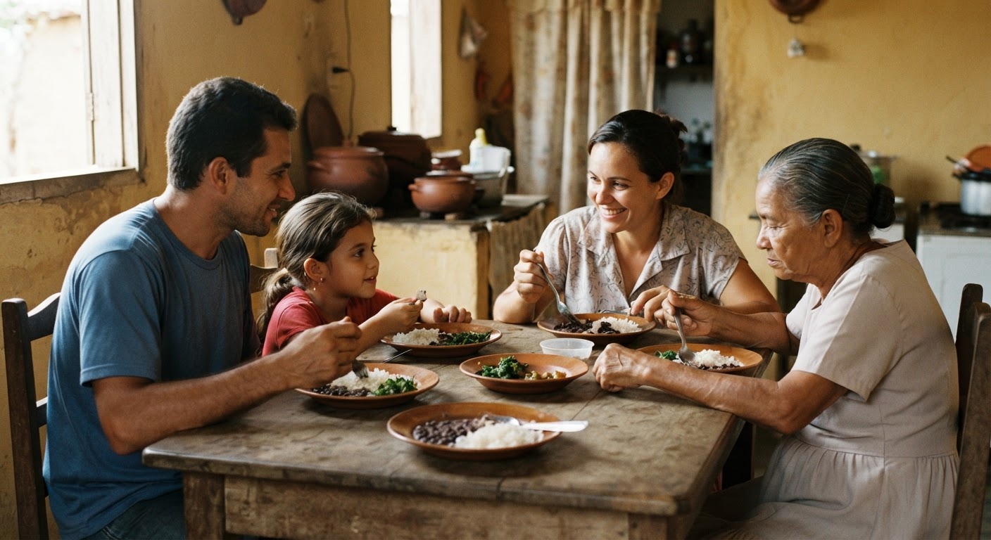 Uma família reunida à mesa, desfrutando de uma refeição tradicional com arroz e feijão.
