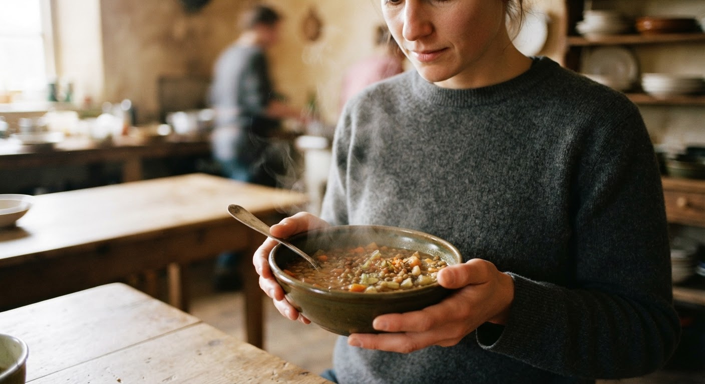 Uma tigela fumegante de sopa de lentilhas, um prato reconfortante e nutritivo.