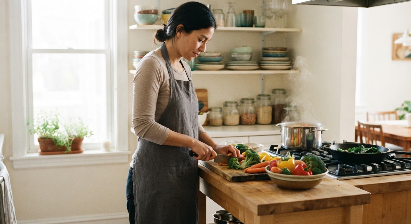 Une femme préparant des aliments végétaux sains dans une cuisine lumineuse.