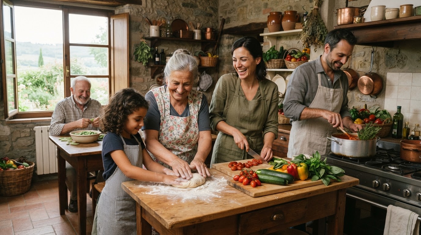Famiglia italiana che cucina verdure fresche in una cucina rustica