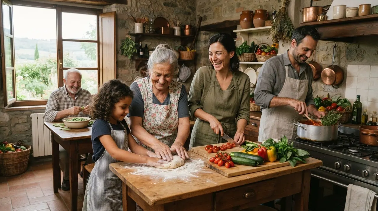 Famiglia italiana che cucina verdure fresche in una cucina rustica