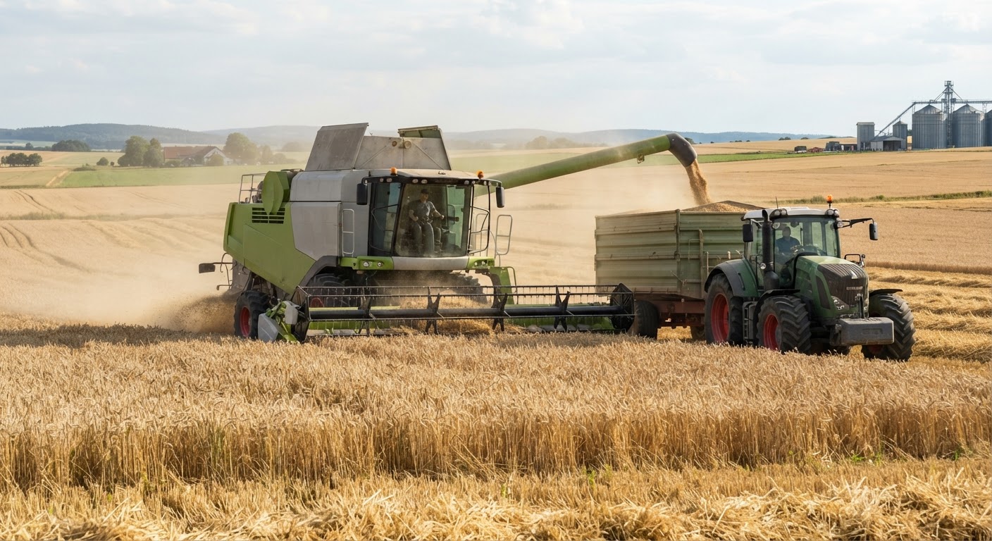 Moderne Erntemaschinen sind entscheidend für die Effizienz der Agrarproduktion, die von großen Handelsunternehmen beeinflusst wird.