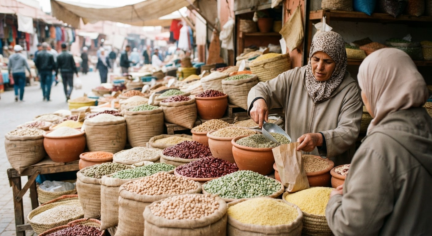 Une sélection variée de légumineuses et céréales, souvent disponibles sur les marchés locaux, représente une excellente source de protéines végétales.