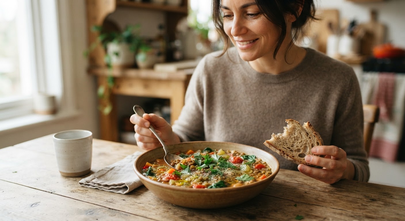 Una zuppa di lenticchie ricca di verdure, un piatto base della nuova dieta dei Rossi.