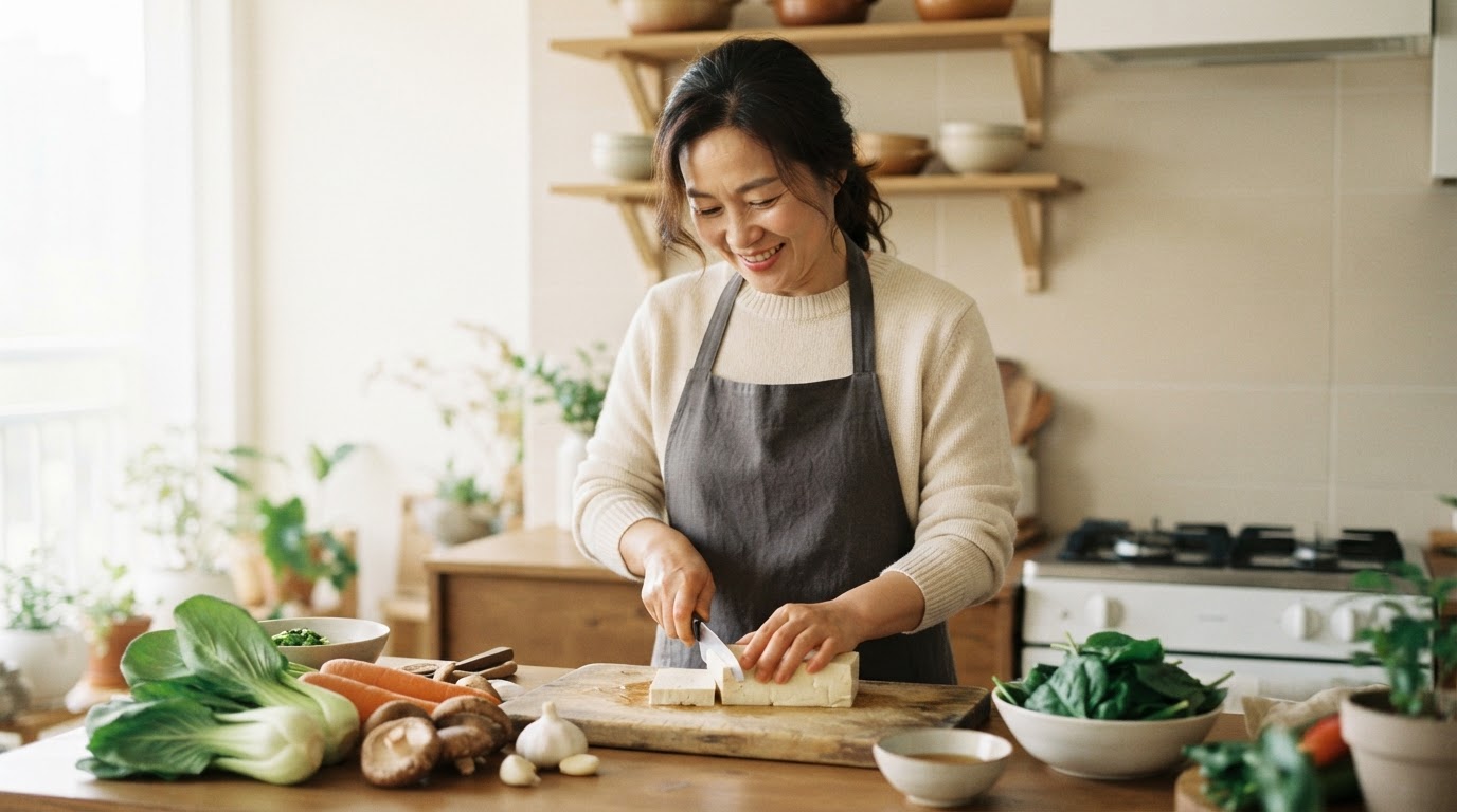 신선한 채소와 두부로 건강한 식물성 식사를 준비하는 한국 여성