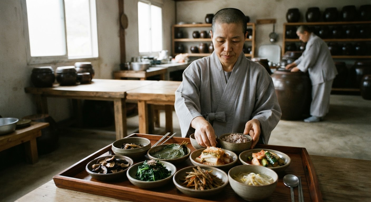정갈하게 차려진 한국 사찰음식, 다양한 발효 채소와 버섯 요리가 포함되어 있습니다.