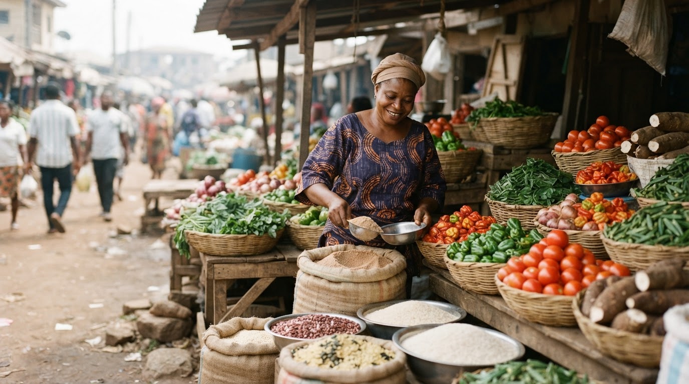 Àwọn èso àti ọ̀gẹ̀sẹ̀ tí wọ́n tò síta ní ọjà Yorùbá