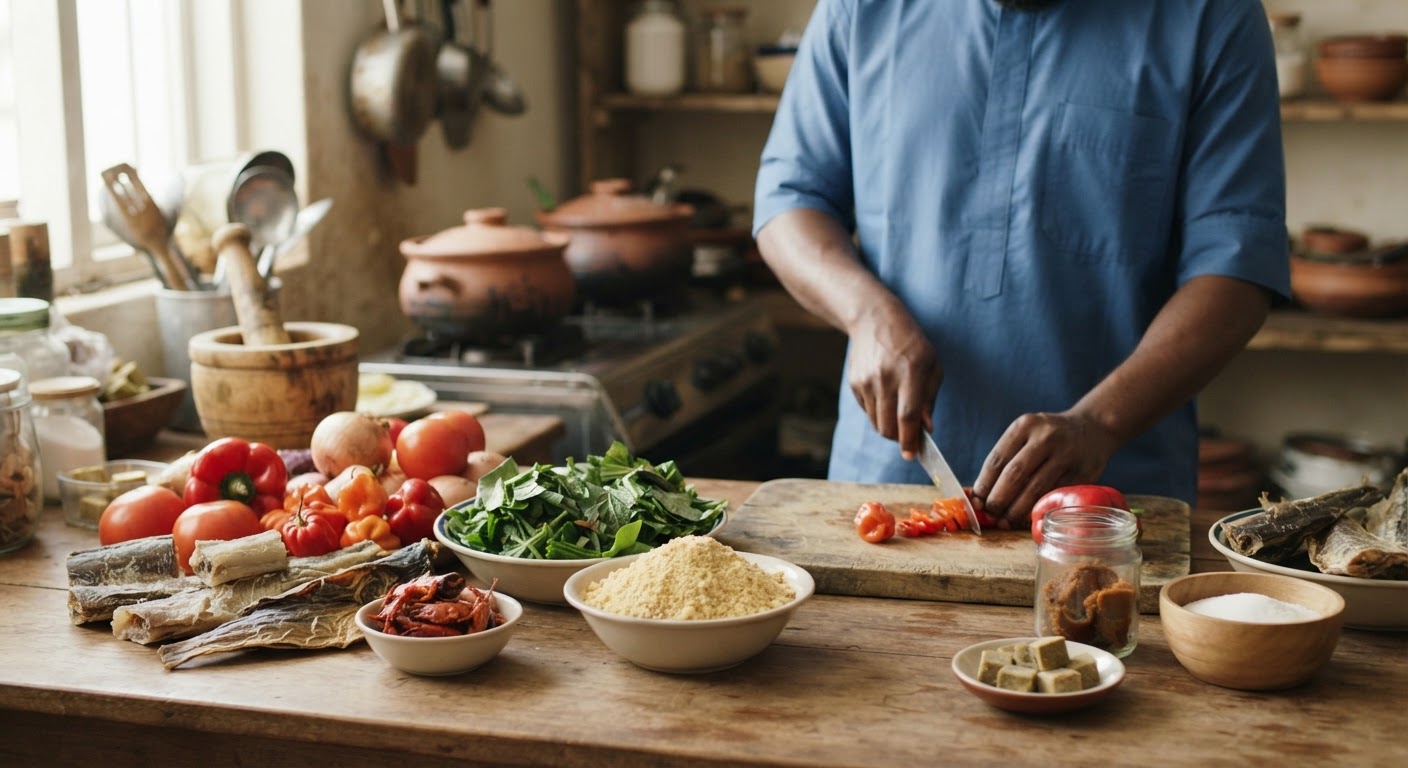 Àwọn ohun èlò fún egusi soup, tí wọ́n lè fi ṣe láìsí ẹran.