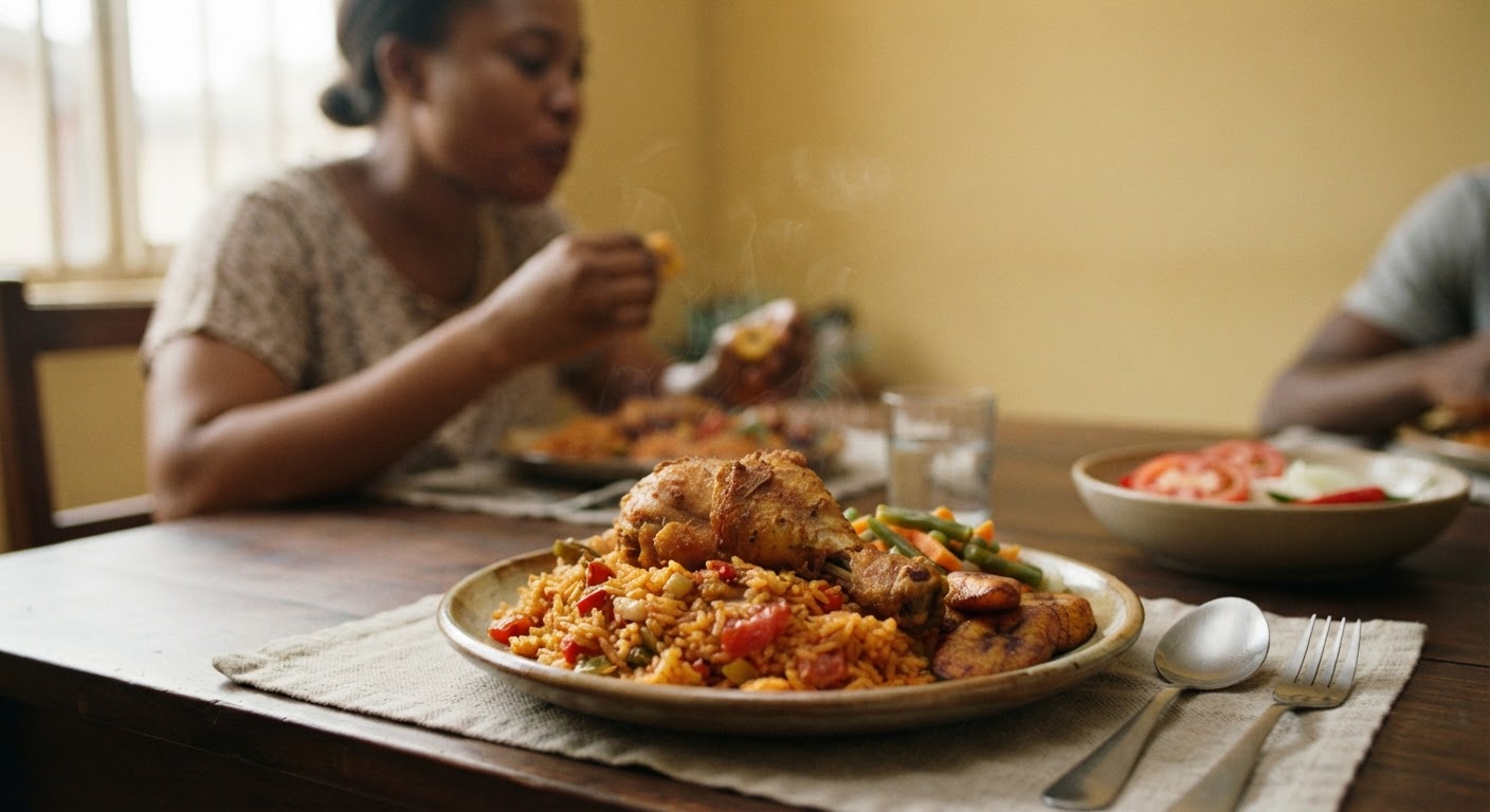 Jollof rice pẹ̀lú adìyẹ, oúnjẹ tí a lè fi ṣe láìsí ẹran.