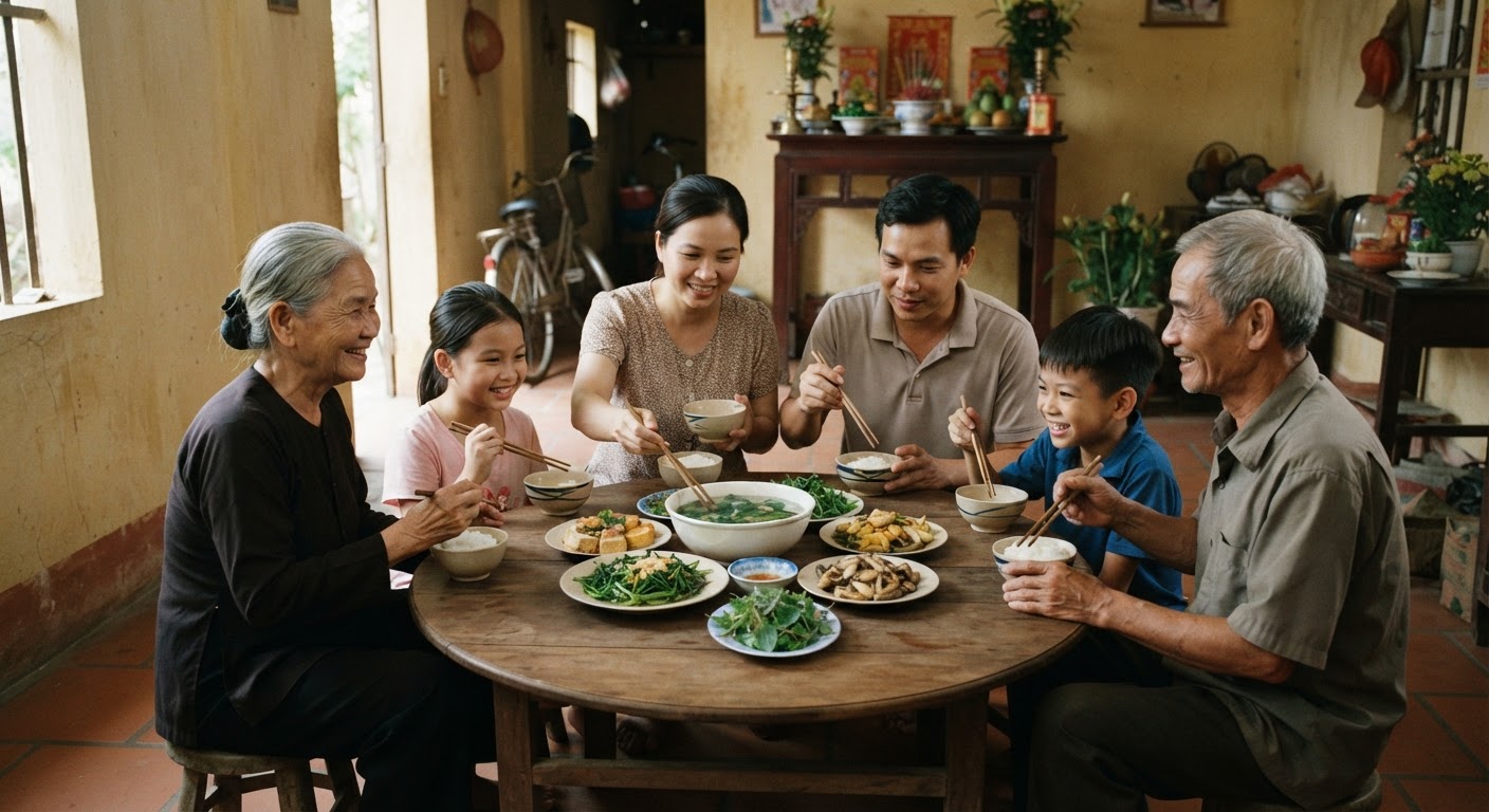 Gia đình Việt Nam quây quần bên mâm cơm chay