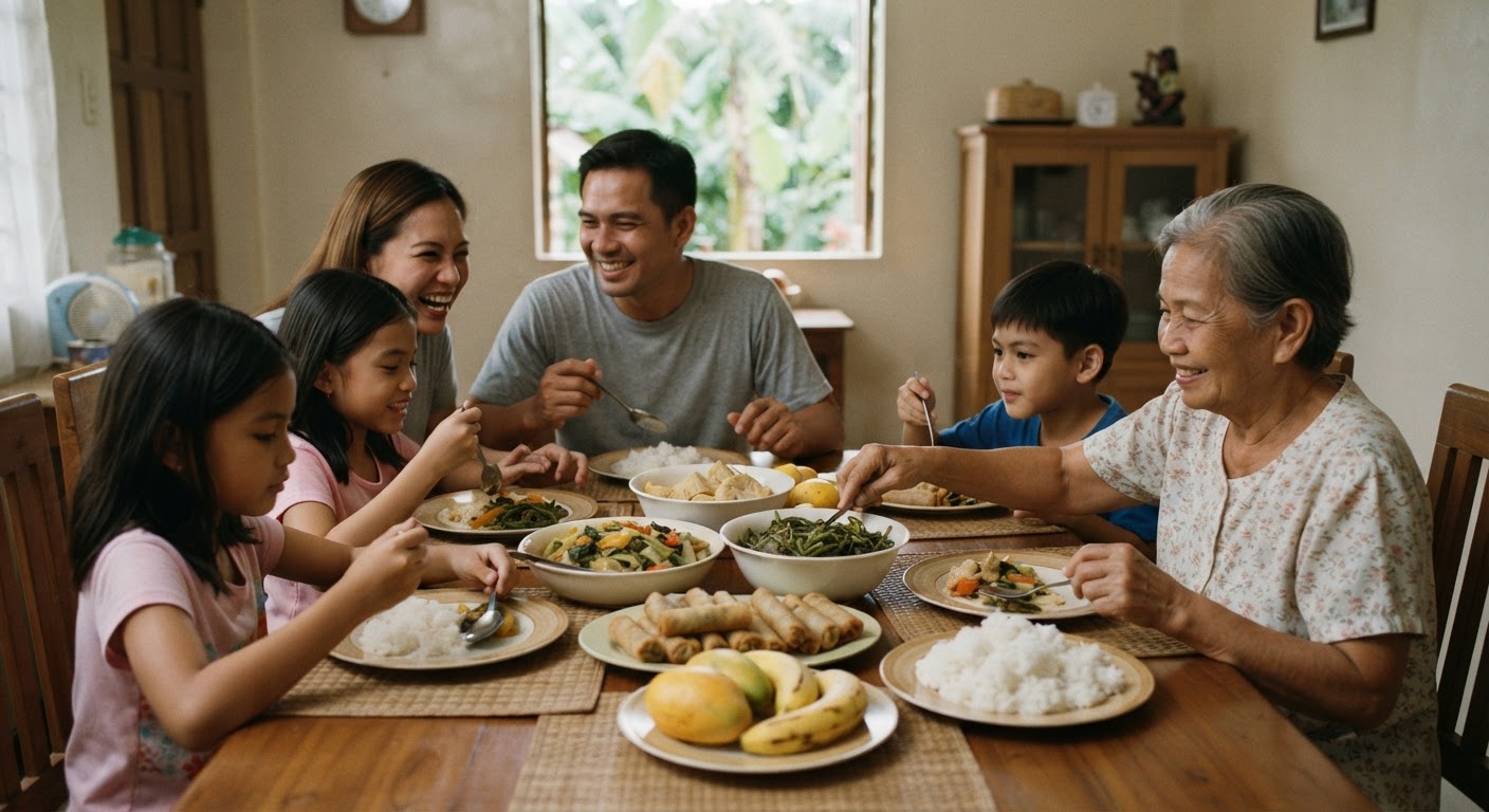 Isang pamilyang Pilipino na sama-samang kumakain sa kanilang hapag-kainan na puno ng masasarap na putaheng Pinoy.