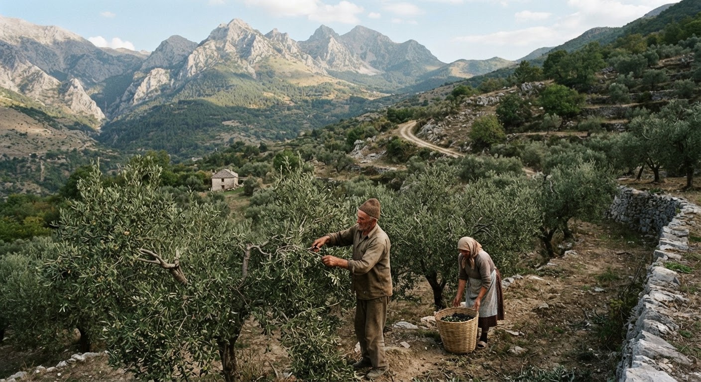 Peizazh rural shqiptar me pemë ulliri dhe male