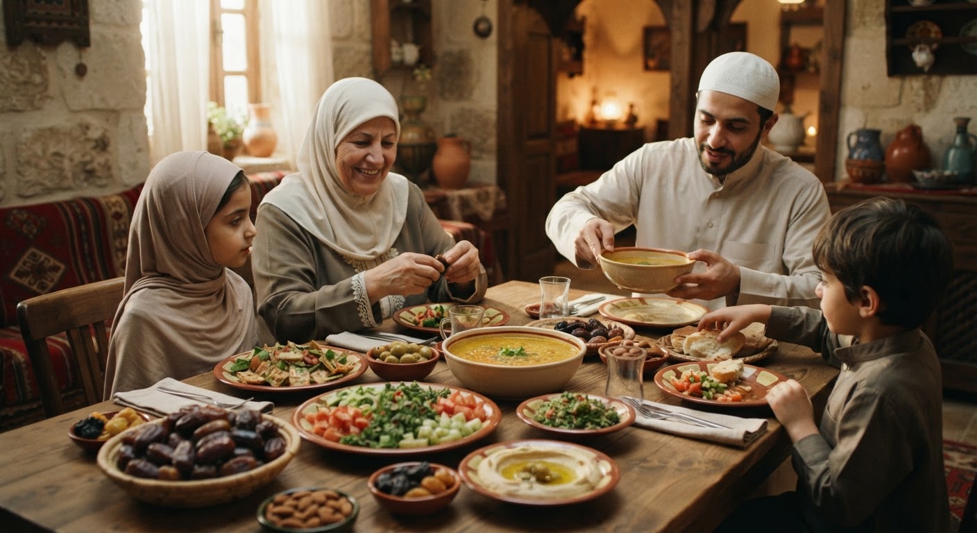 مائدة إفطار تقليدية في الشرق الأوسط تضم التمر، شوربة العدس، والسلطات