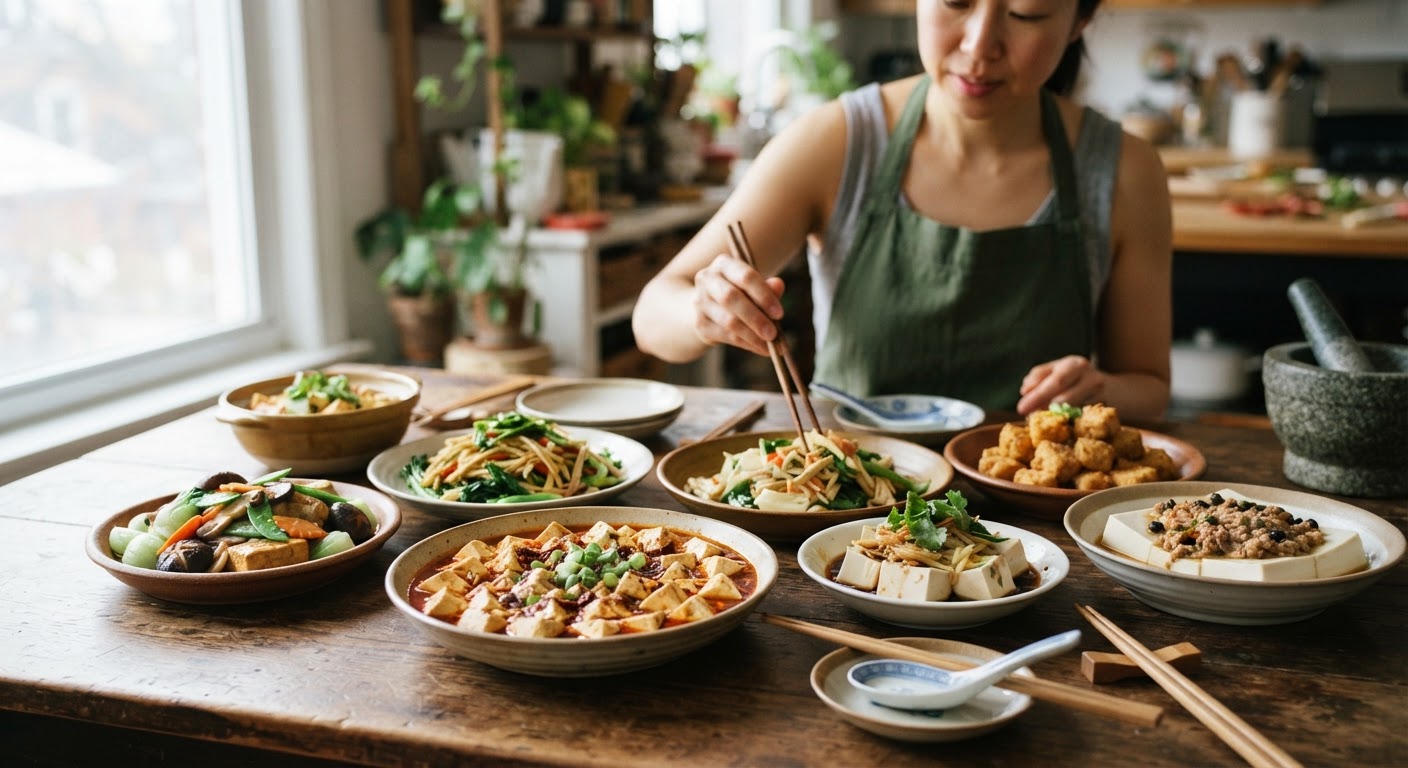 丰富多样的中式豆腐菜肴,是素食蛋白质的重要来源。