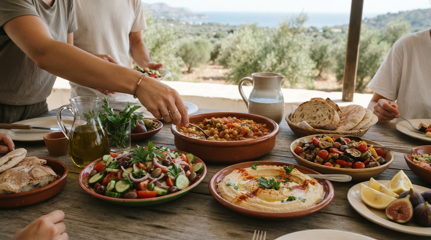 Una mesa con platos mediterráneos a base de plantas, incluyendo legumbres, verduras frescas y aceite de oliva.