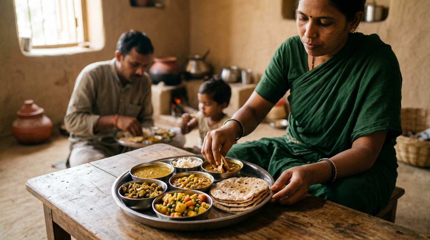 पारंपरिक भारतीय दाल, सब्जियां और रोटियों से सजी वीगन थाली