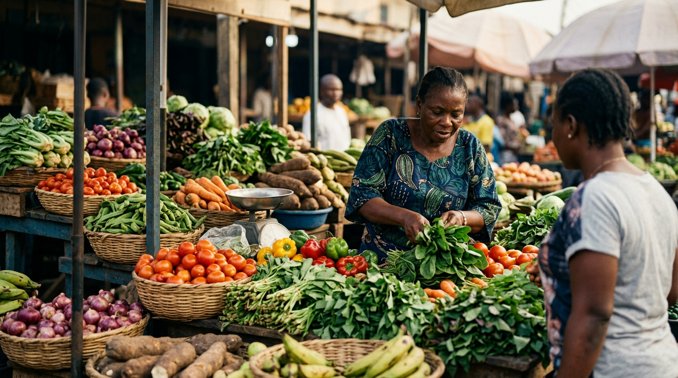Ọjà tútù ní Ìwọ̀-Oòrùn Áfíríkà pẹ̀lú ewébẹ̀, tòmátì, àti èso lóríṣiríṣi
