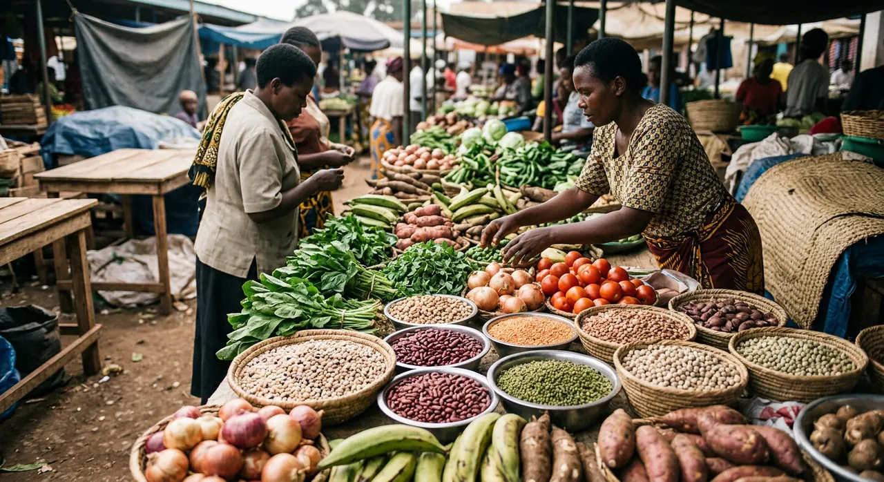 Soko la vyakula bichi la Afrika Mashariki likiwa na maharage, dengu, na mboga za majani
