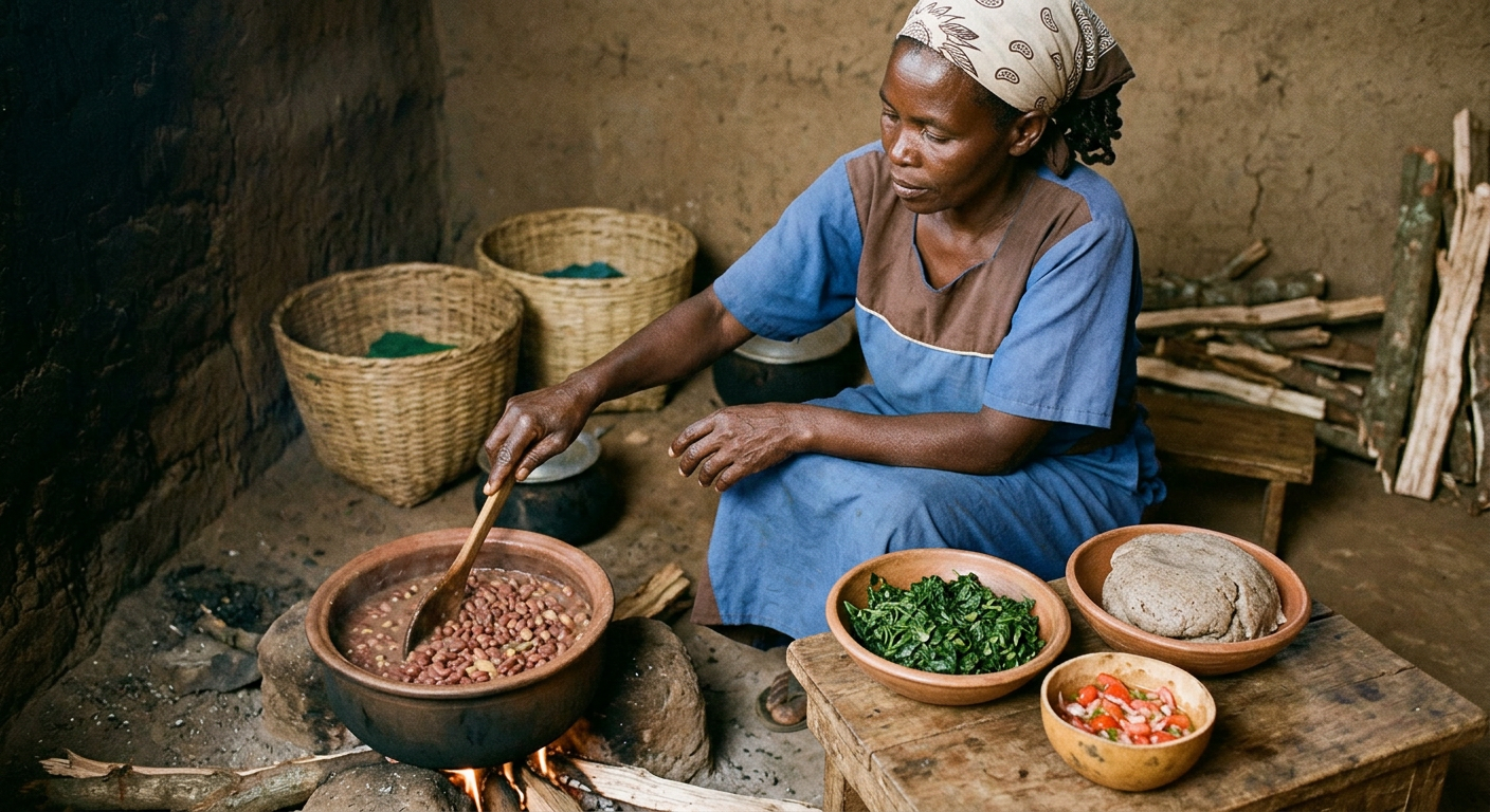 Mlo kamili wa asili wa Afrika Mashariki: maharage ya nambale yaliyochemshwa, mboga ya kienyeji, na ugali wa mtama.