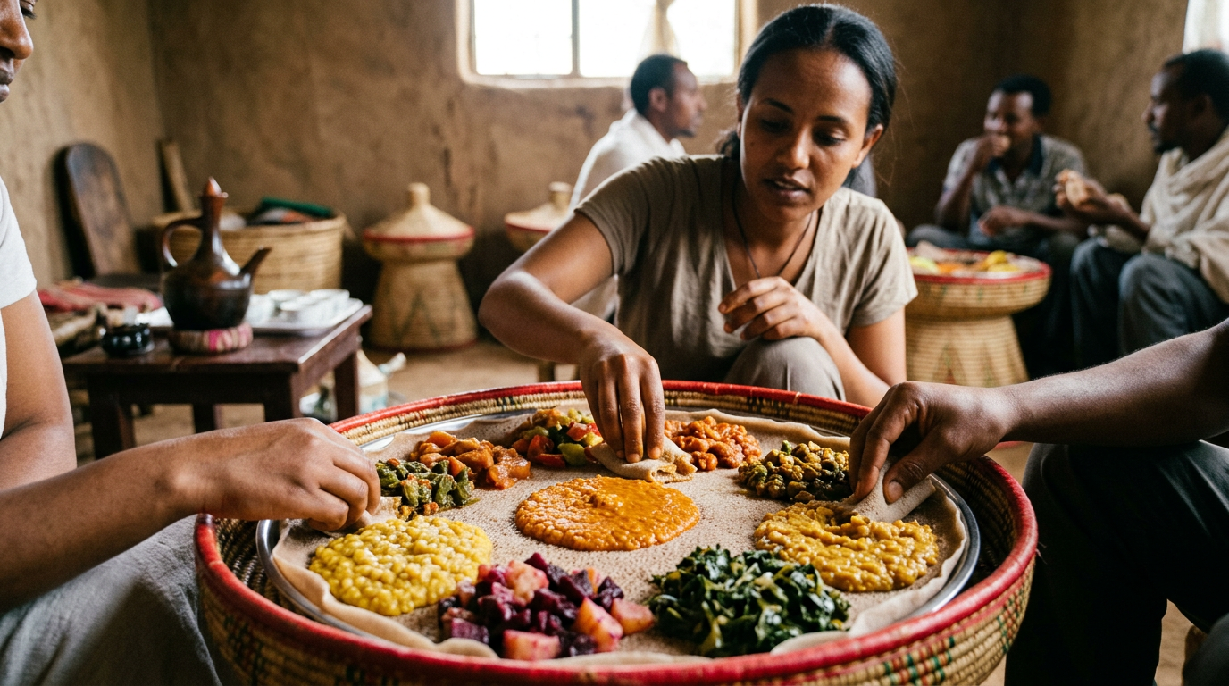 የተለያዩ የኢትዮጵያ የጾም ወጦች በእንጀራ ላይ የቀረቡበት ማዕድ