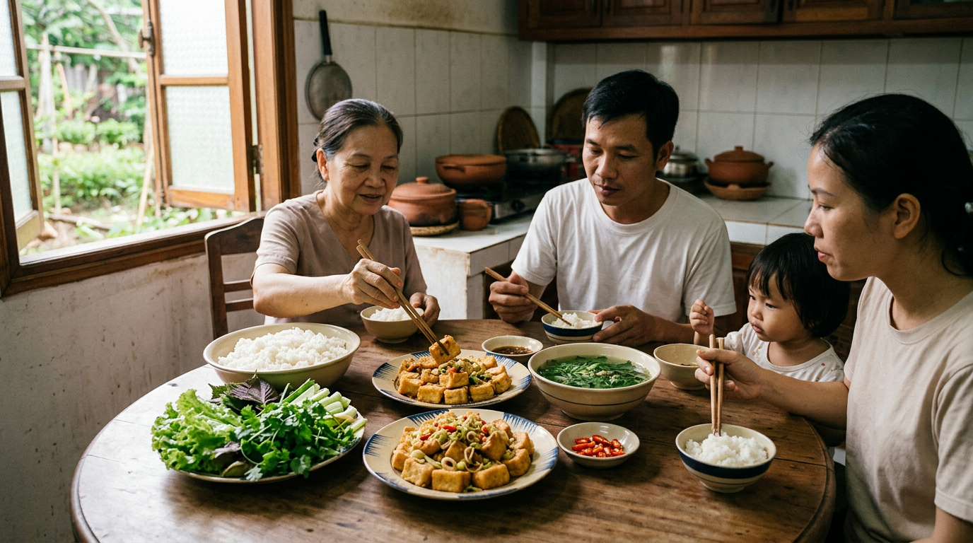 Mâm cơm chay thanh đạm truyền thống Việt Nam với đậu phụ chiên sả, rau sống và canh rau ngót