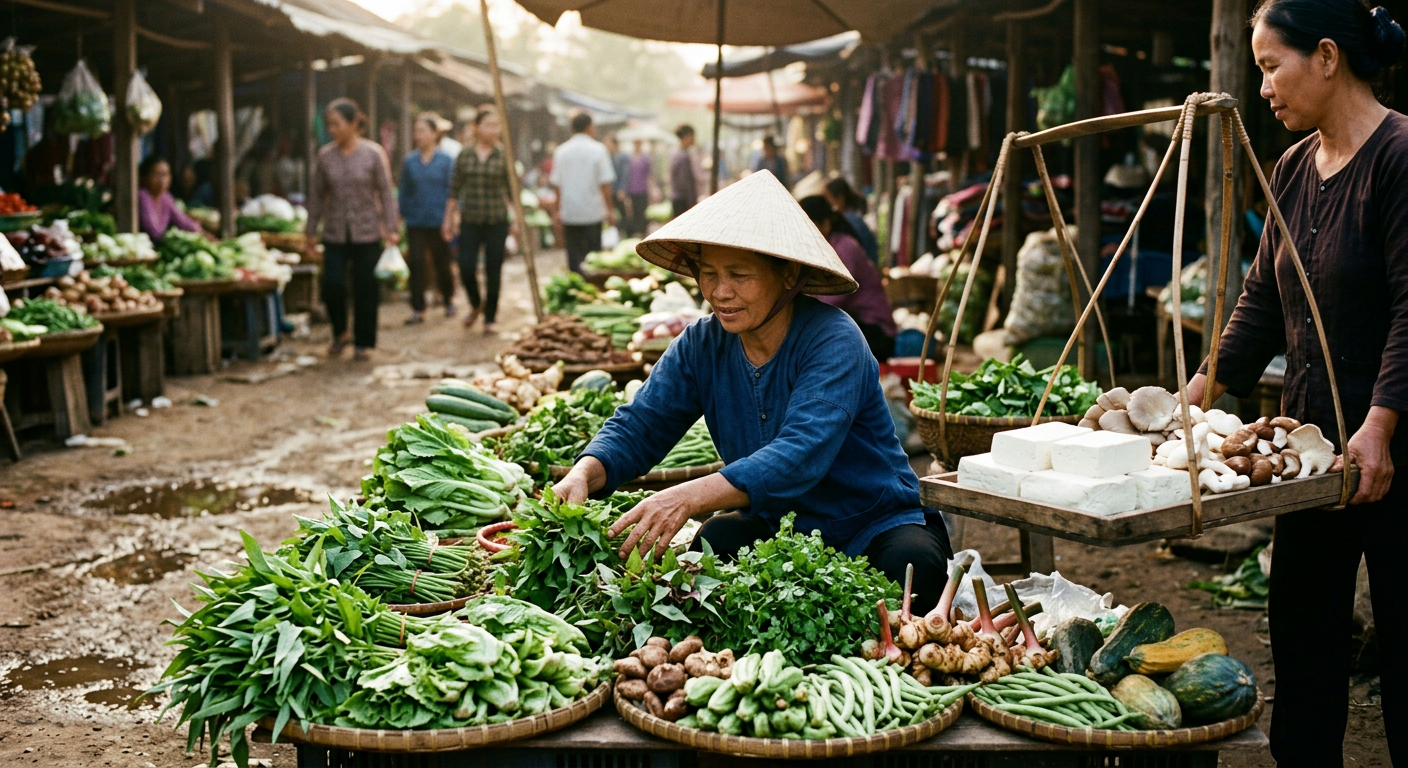 Chợ quê Việt Nam trù phú các loại rau quả, nấm và đậu phụ tươi – nền tảng tự nhiên nuôi dưỡng người ăn chay trường bao đời.