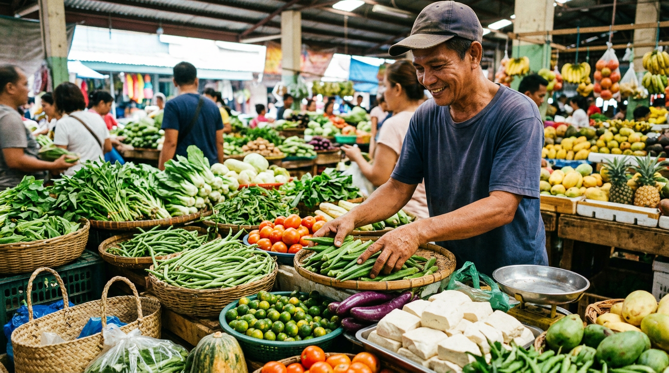 Makulay na tindahan ng mga sariwang gulay, tokwa, at bungang-kahoy sa isang palengke sa Pilipinas.