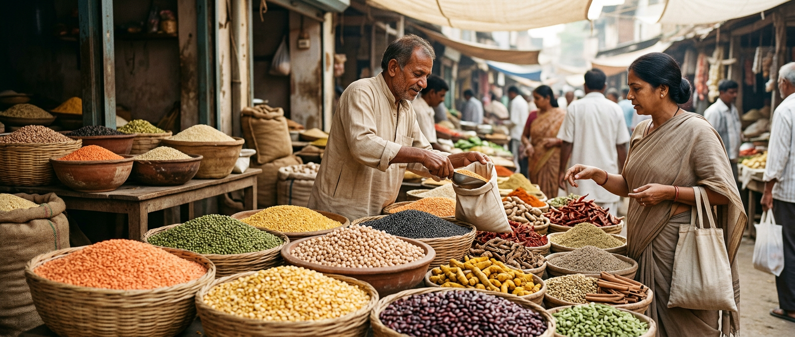 مختلف قسم کی دالیں، چنے، اناج اور مصالحہ جات مارکیٹ میں خوبصورتی سے سجے ہوئے