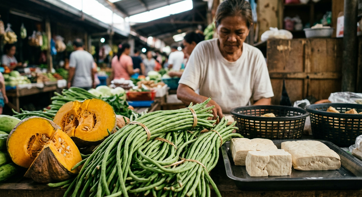 Sariwang sitaw, kalabasa, at tokwa sa palengke: mga pangunahing sangkap sa abot-kayang pagkaing halaman.