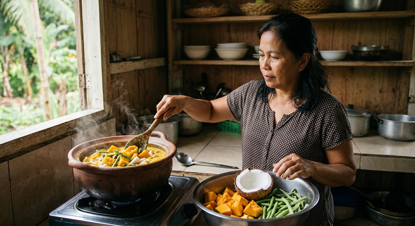Ginataang kalabasa at sitaw: isang katutubong ulam na likas na walang karne at mayaman sa beta-carotene.