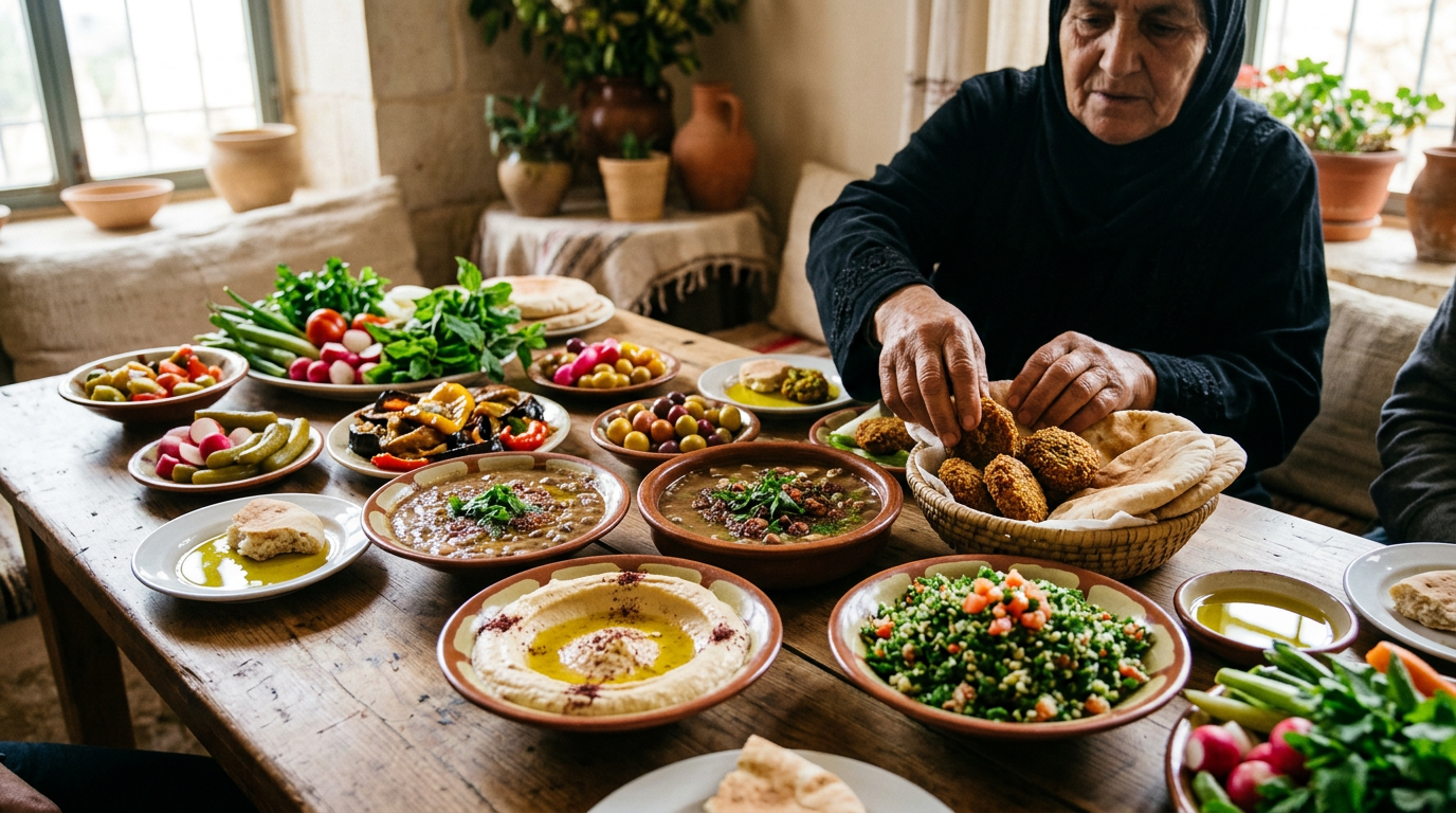 مائدة شرق أوسطية غنية بالمقبلات النباتية مثل الحمص والفول والفلافل وزيت الزيتون