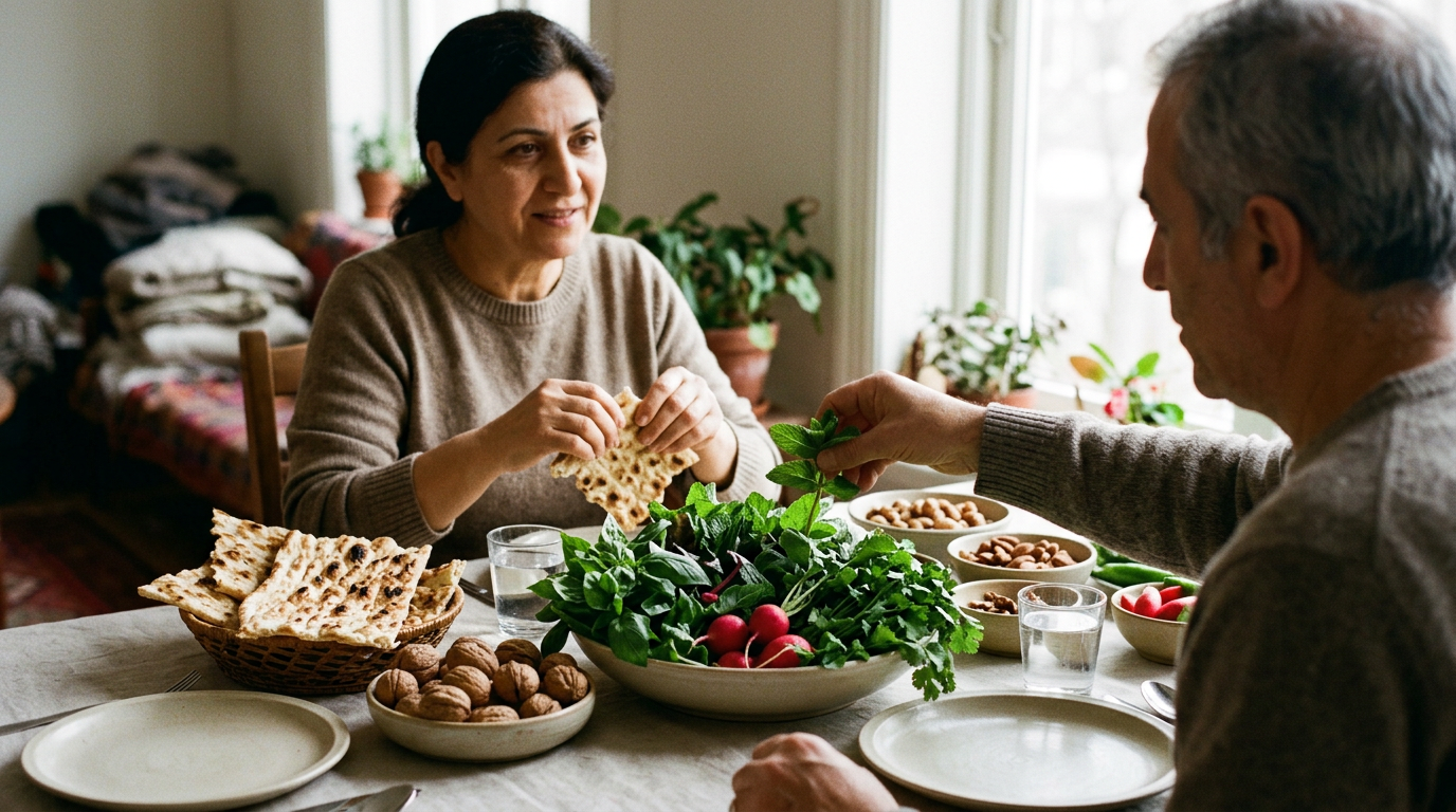 سبزی خوردن تازه ایرانی به همراه گردو و نان سنتی