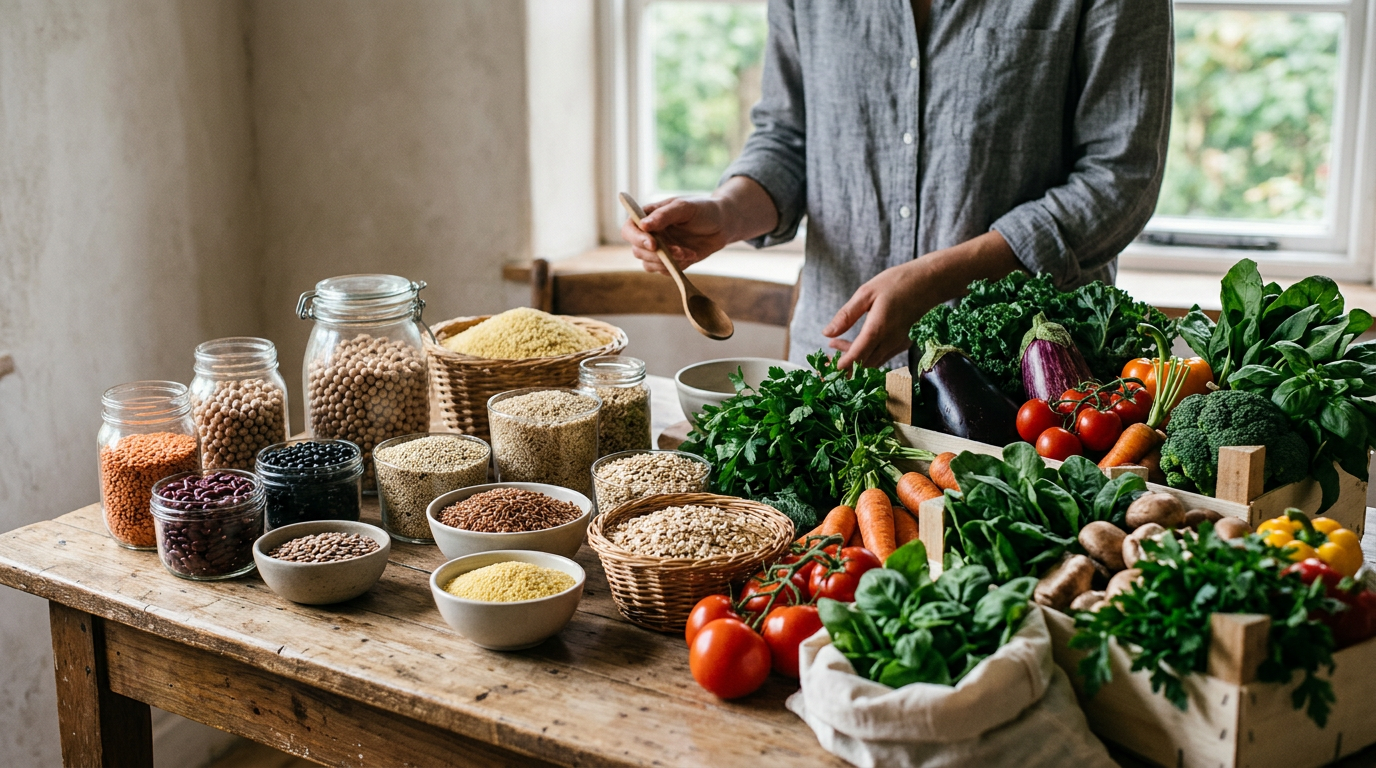 Різноманіття рослинних продуктів: бобові, крупи, овочі та зелень на столі