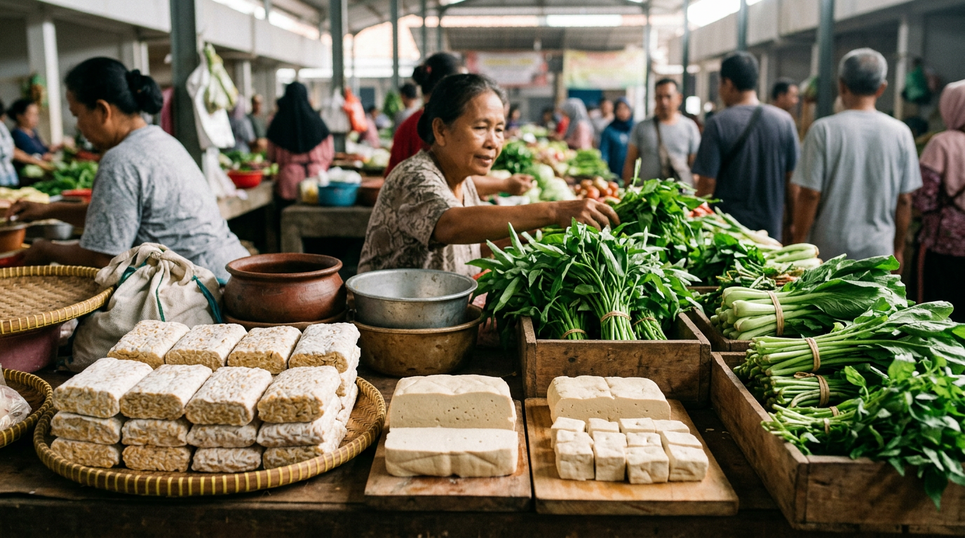 Deretan tempe, tahu, dan sayuran hijau segar di lapak pasar tradisional Indonesia