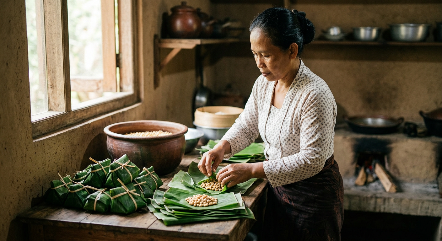 Tempe tradisional berbungkus daun pisang menghasilkan profil protein lengkap dengan emisi karbon minimal.