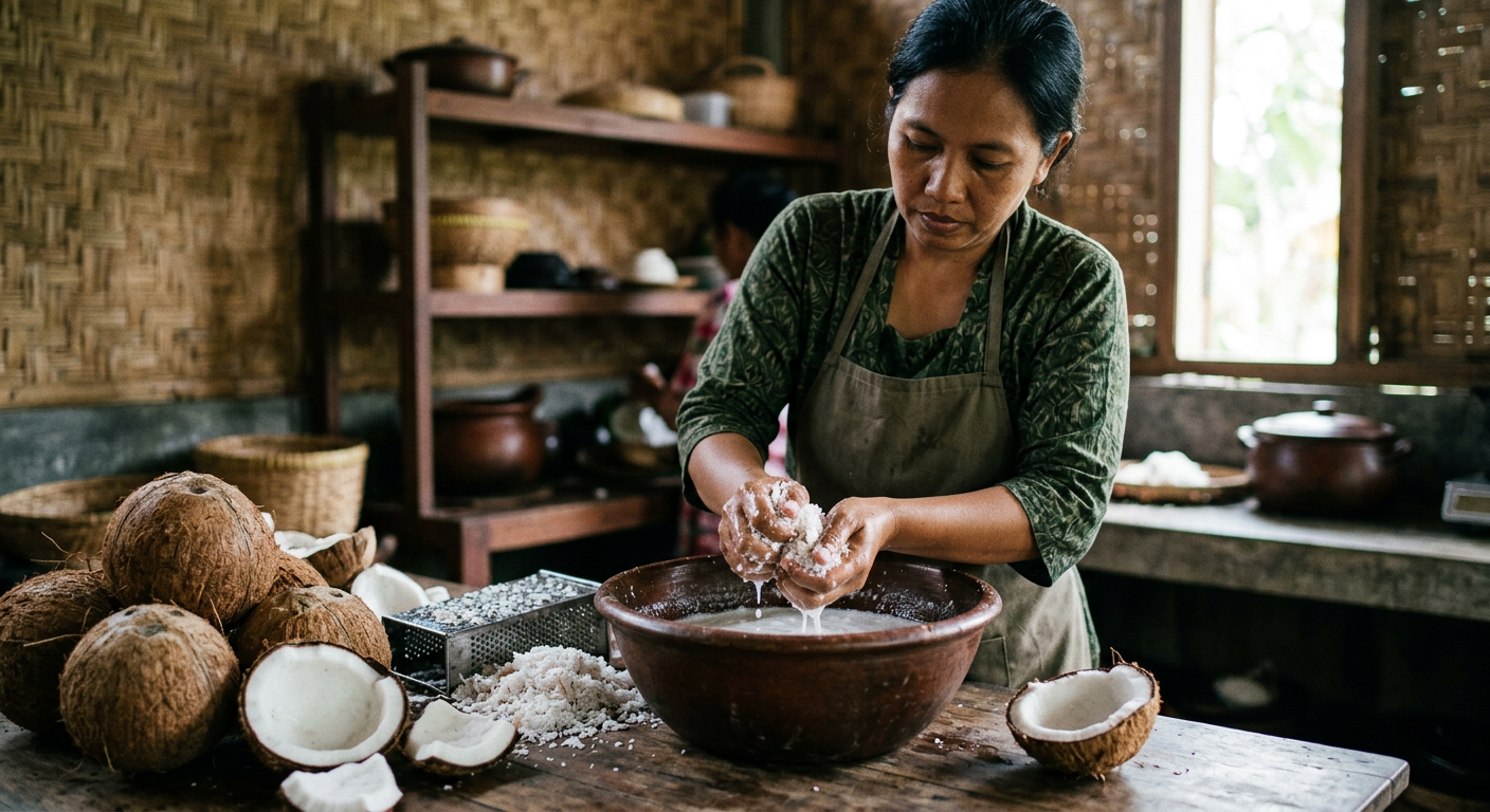 Santan kelapa peras segar menghadirkan lemak gurih nabati alami dalam khazanah kuliner nusantara.
