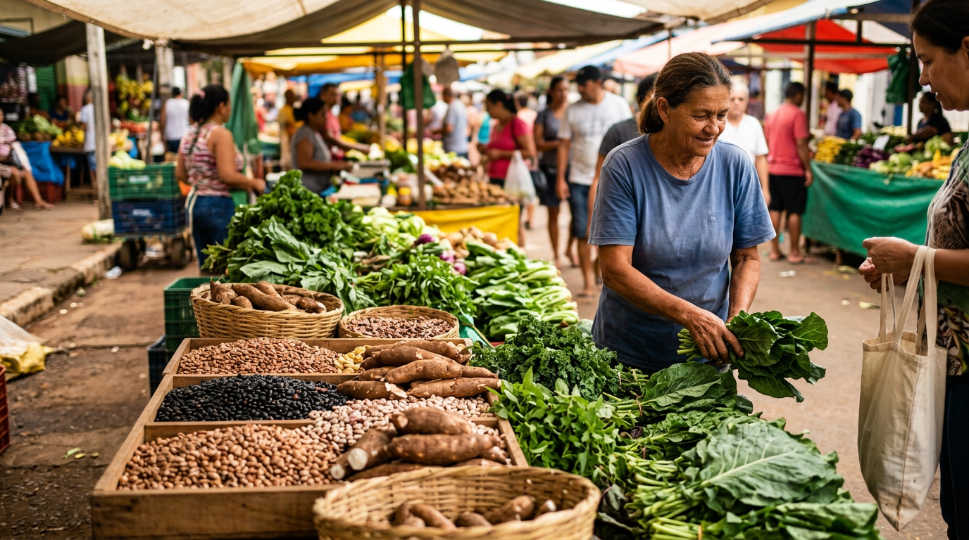 Feira livre com variedade de feijões, mandioca e hortaliças frescas no Brasil