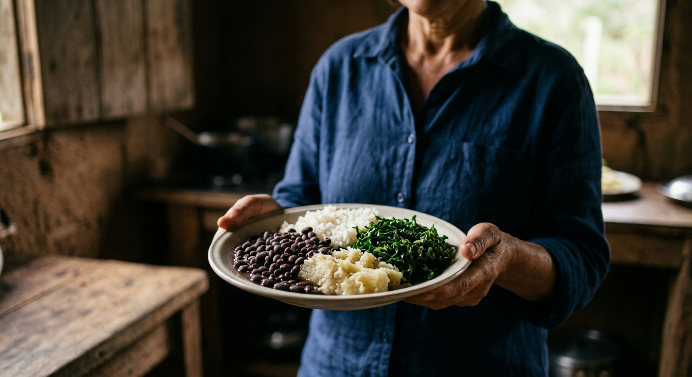 A base do prato tradicional com feijão preto, arroz, couve e mandioca: nutrição vegetal rica e de baixo impacto ambiental.