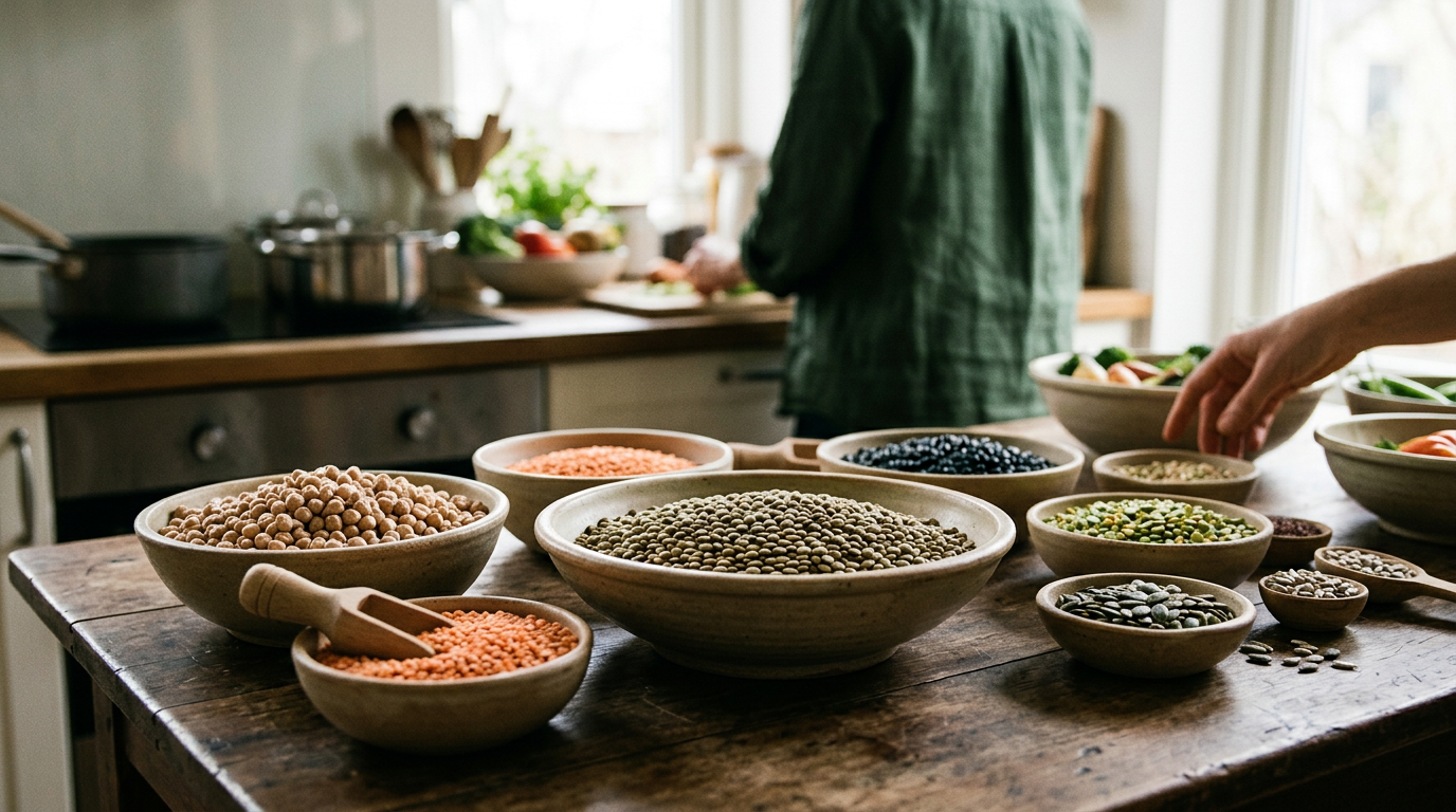 Assortiment de légumineuses sèches avec lentilles vertes, pois chiches et graines dans des bols en céramique.