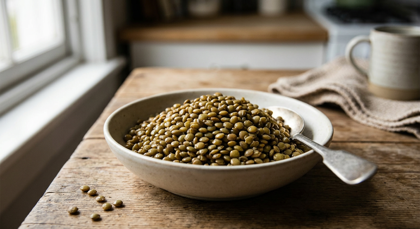 Les lentilles vertes cuites fournissent près de 10 grammes de protéines pour 100 grammes, accompagnées de fibres prébiotiques majeures pour le microbiote.