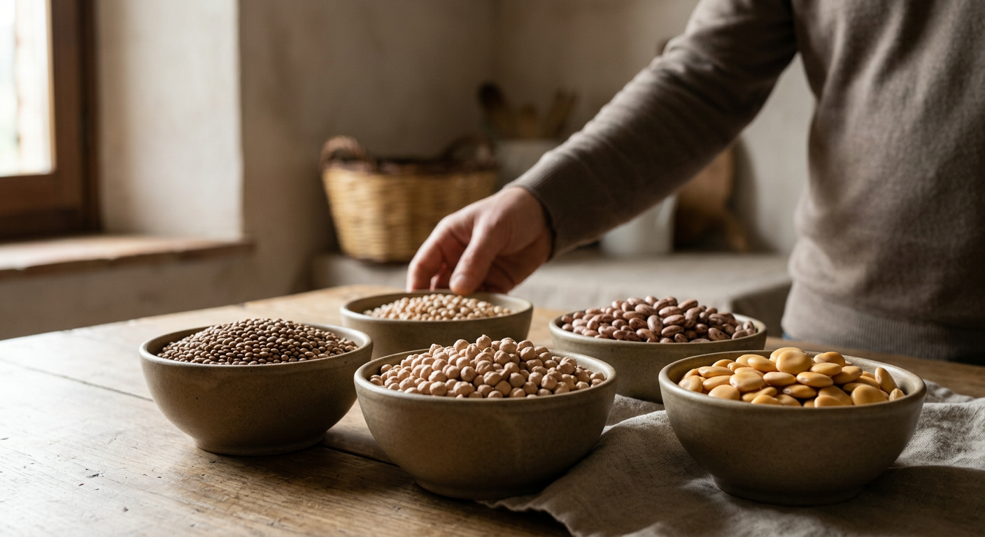 Ciotole rustiche colme di diversi legumi italiani come lenticchie, ceci, fagioli borlotti e lupini