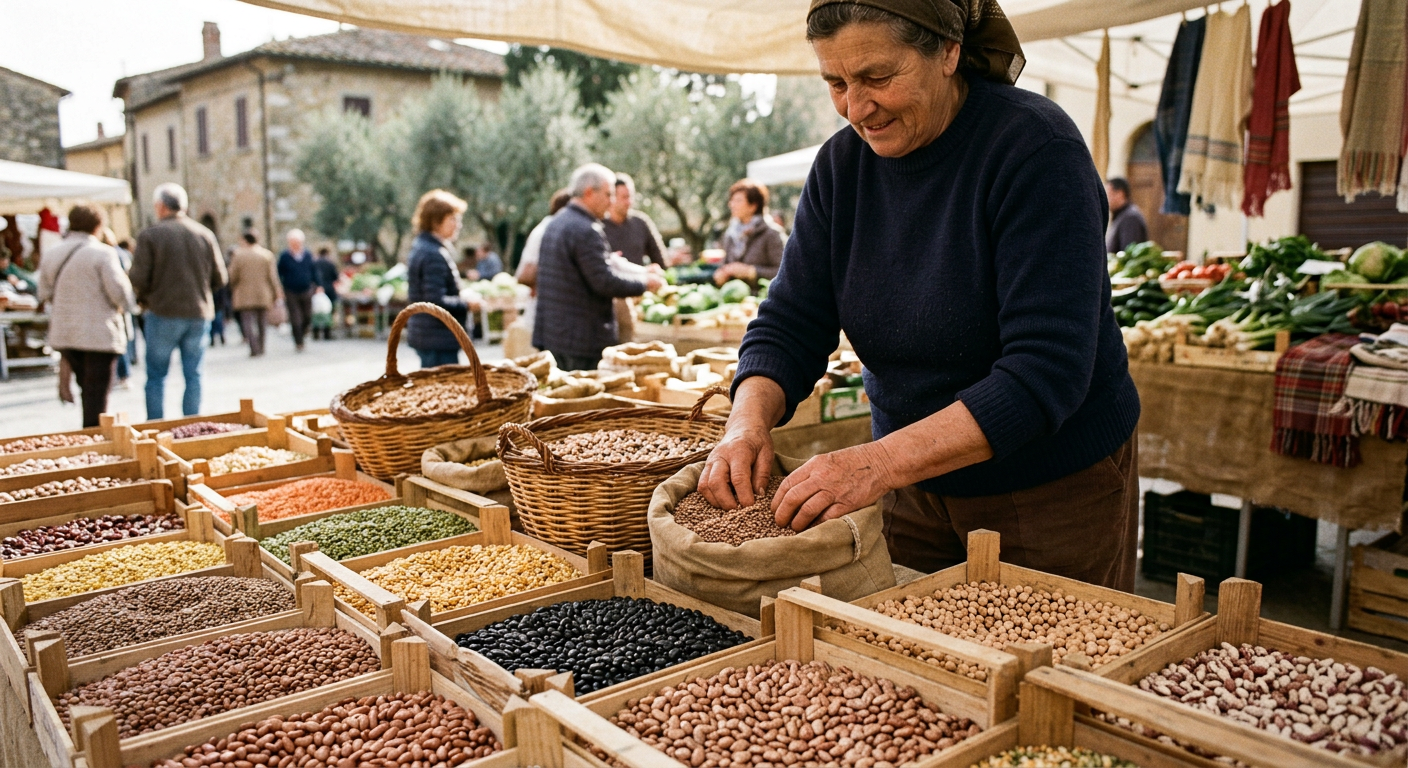 Varietà di legumi secchi della tradizione agricola italiana esposti in un mercato contadino.