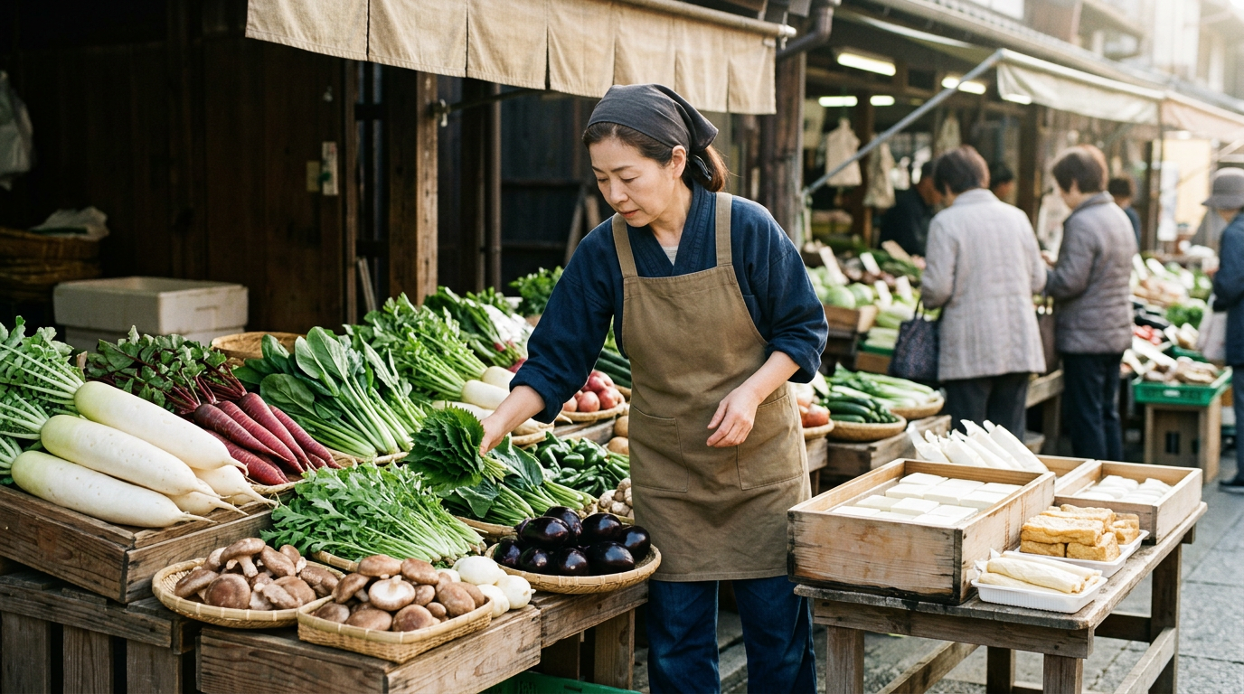 日本の市場に並ぶ新鮮な野菜と伝統的な大豆食品
