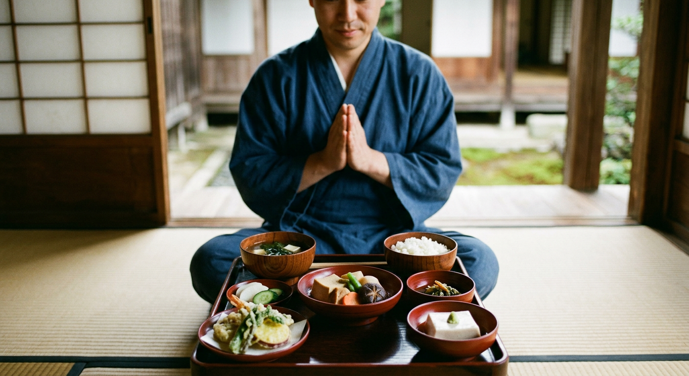 高野山などの寺院で受け継がれる伝統的な精進料理の膳。動物性食材と五葷を使用しない。