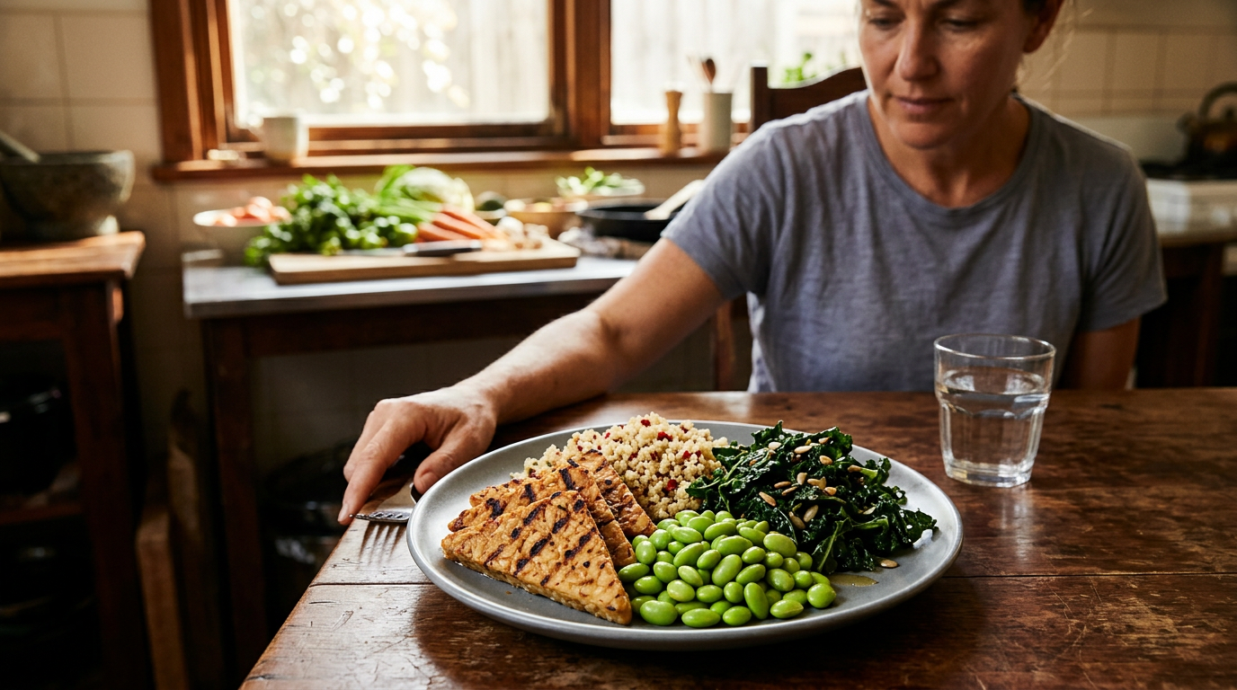 A balanced vegan high-protein plate featuring grilled tempeh, edamame, quinoa, and leafy greens.